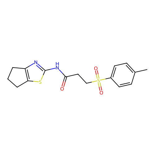 N-(5,6-dihydro-4H-cyclopenta[d]thiazol-2-yl)-3-tosylpropanamide structure