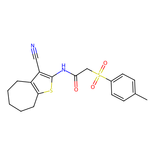 N-(3-cyano-5,6,7,8-tetrahydro-4H-cyclohepta[b]thiophen-2-yl)-2-tosylacetamide structure