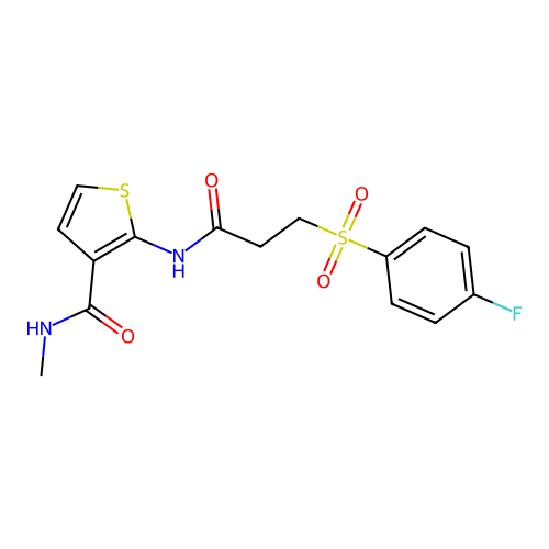 2-[3-(4-fluorophenyl)sulfonylpropanoylamino]-N-methylthiophene-3-carboxamide structure