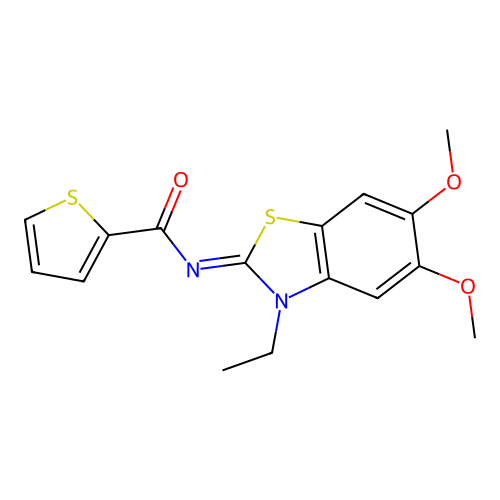 N-(3-ethyl-5,6-dimethoxy-1,3-benzothiazol-2-ylidene)thiophene-2-carboxamide structure