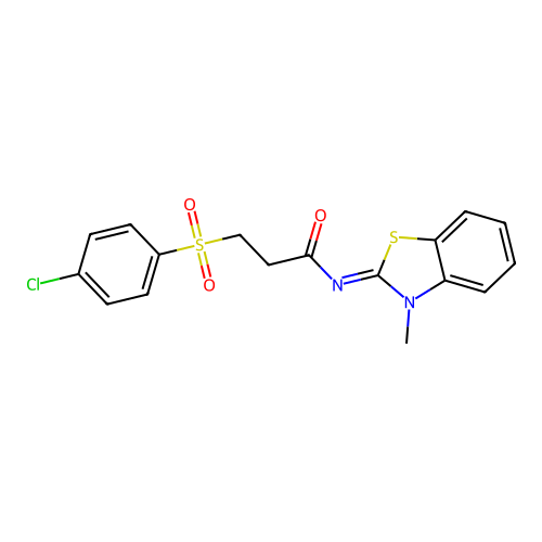 3-(4-chlorophenyl)sulfonyl-N-(3-methyl-1,3-benzothiazol-2-ylidene)propanamide structure