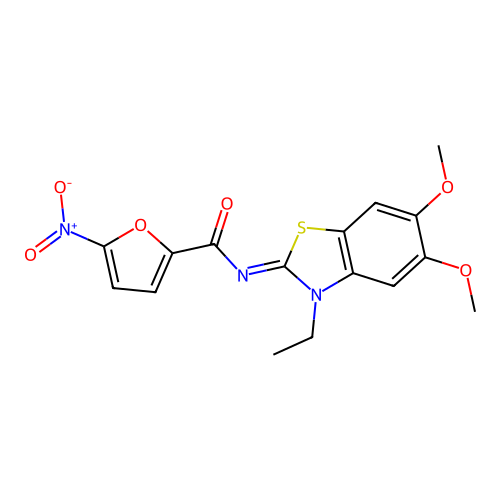 N-(3-ethyl-5,6-dimethoxy-1,3-benzothiazol-2-ylidene)-5-nitrofuran-2-carboxamide structure