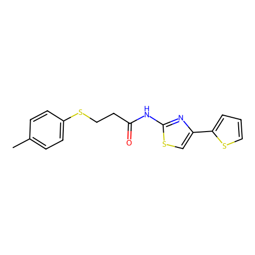N-(4-(thiophen-2-yl)thiazol-2-yl)-3-(p-tolylthio)propanamide structure