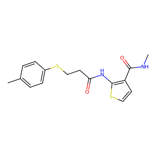 N-methyl-2-(3-(p-tolylthio)propanamido)thiophene-3-carboxamide structure
