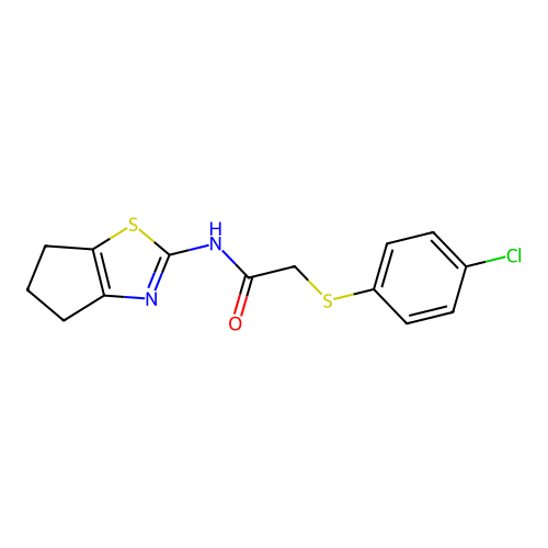 2-((4-chlorophenyl)thio)-N-(5,6-dihydro-4H-cyclopenta[d]thiazol-2-yl)acetamide structure