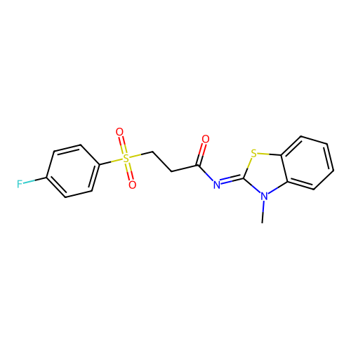 3-(4-fluorophenyl)sulfonyl-N-(3-methyl-1,3-benzothiazol-2-ylidene)propanamide structure
