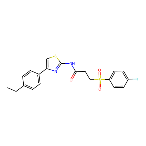 N-(4-(4-ethylphenyl)thiazol-2-yl)-3-((4-fluorophenyl)sulfonyl)propanamide structure