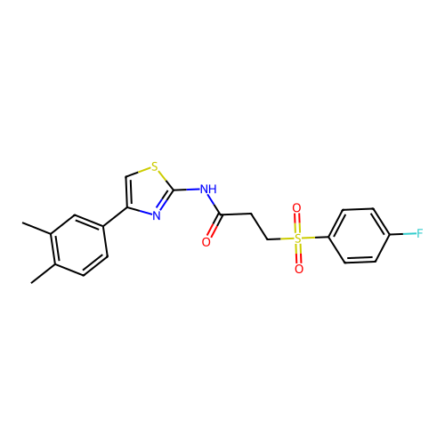 N-(4-(3,4-dimethylphenyl)thiazol-2-yl)-3-((4-fluorophenyl)sulfonyl)propanamide structure