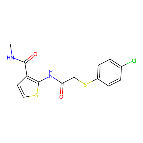 2-(2-((4-chlorophenyl)thio)acetamido)-N-methylthiophene-3-carboxamide structure