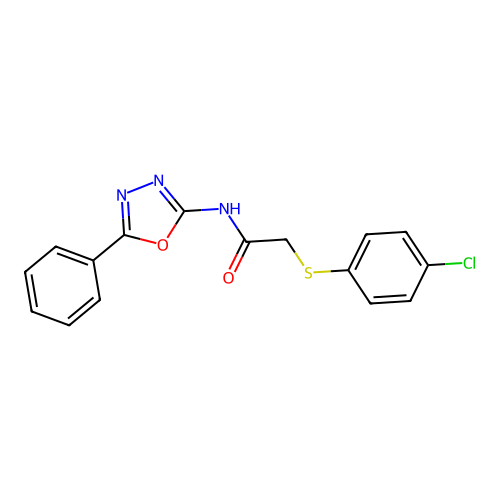 2-(4-chlorophenyl)sulfanyl-N-(5-phenyl-1,3,4-oxadiazol-2-yl)acetamide structure