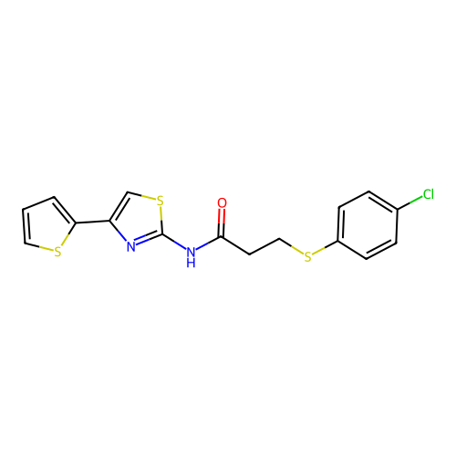 3-((4-chlorophenyl)thio)-N-(4-(thiophen-2-yl)thiazol-2-yl)propanamide structure