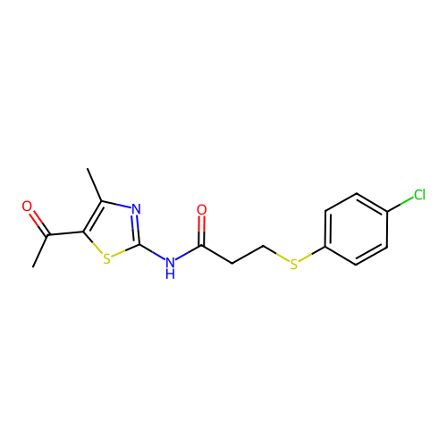 N-(5-acetyl-4-methylthiazol-2-yl)-3-((4-chlorophenyl)thio)propanamide structure