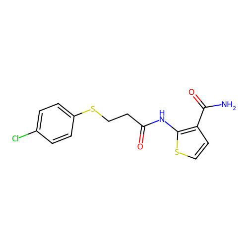 2-(3-((4-Chlorophenyl)thio)propanamido)thiophene-3-carboxamide structure