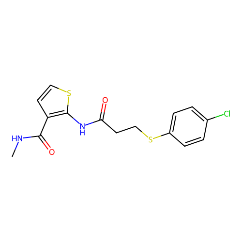 2-(3-((4-chlorophenyl)thio)propanamido)-N-methylthiophene-3-carboxamide structure