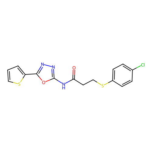 3-(4-chlorophenyl)sulfanyl-N-(5-thiophen-2-yl-1,3,4-oxadiazol-2-yl)propanamide structure