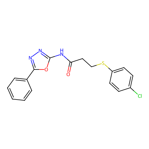 3-(4-chlorophenyl)sulfanyl-N-(5-phenyl-1,3,4-oxadiazol-2-yl)propanamide structure