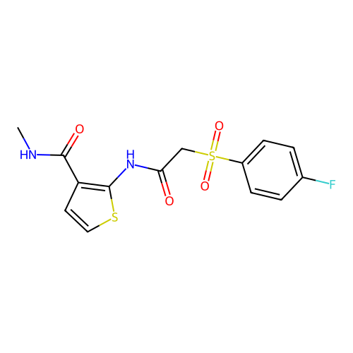 2-(2-((4-fluorophenyl)sulfonyl)acetamido)-N-methylthiophene-3-carboxamide structure