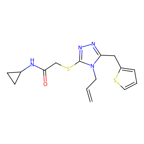 N-cyclopropyl-2-[[4-prop-2-enyl-5-(thiophen-2-ylmethyl)-1,2,4-triazol-3-yl]sulfanyl]acetamide structure