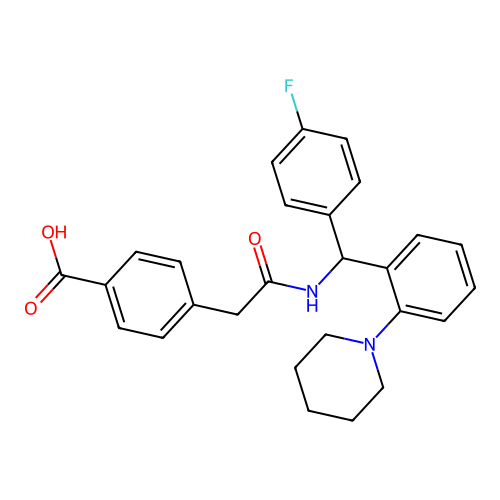 4-((alpha-(4-Fluorophenyl)-2-piperidinobenzyl)aminocarbonylmethyl)benzoic acid structure