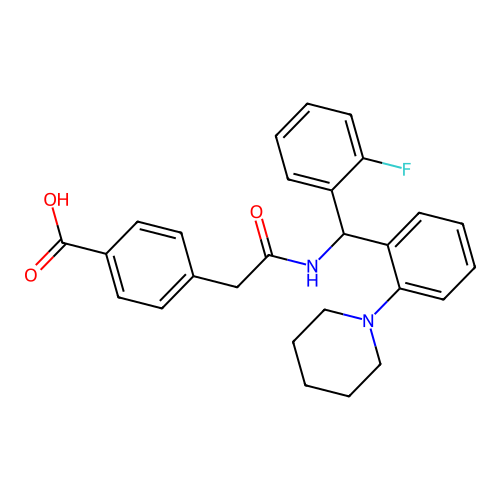 4-((alpha-(2-Fluorophenyl)-2-piperidinobenzyl)aminocarbonylmethyl)benzoic acid structure