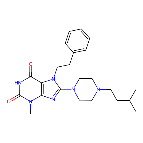 8-(4-isopentylpiperazin-1-yl)-3-methyl-7-phenethyl-1H-purine-2,6(3H,7H)-dione structure