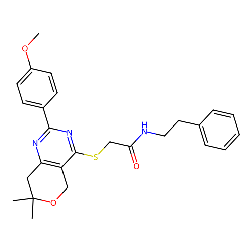 2-((2-(4-methoxyphenyl)-7,7-dimethyl-7,8-dihydro-5H-pyrano[4,3-d]pyrimidin-4-yl)thio)-N-phenethylacetamide structure