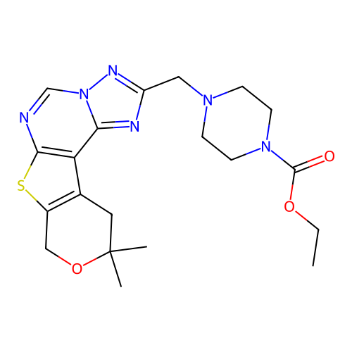 ethyl 4-((10,10-dimethyl-10,11-dihydro-8H-pyrano[4',3':4,5]thieno[3,2-e][1,2,4]triazolo[1,5-c]pyrimidin-2-yl)methyl)piperazine-1-carboxylate structure