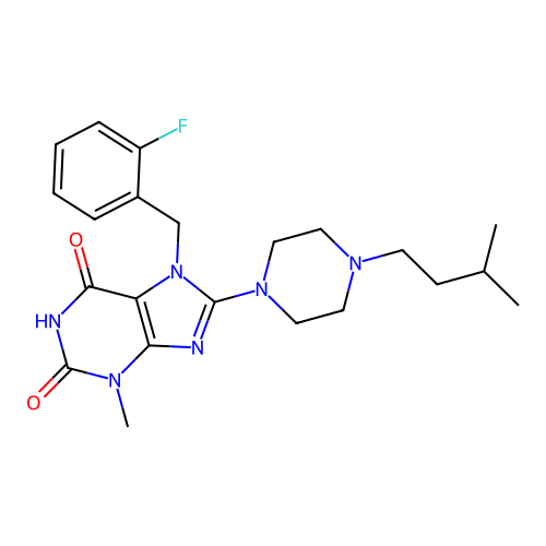 7-(2-fluorobenzyl)-8-(4-isopentylpiperazin-1-yl)-3-methyl-1H-purine-2,6(3H,7H)-dione structure