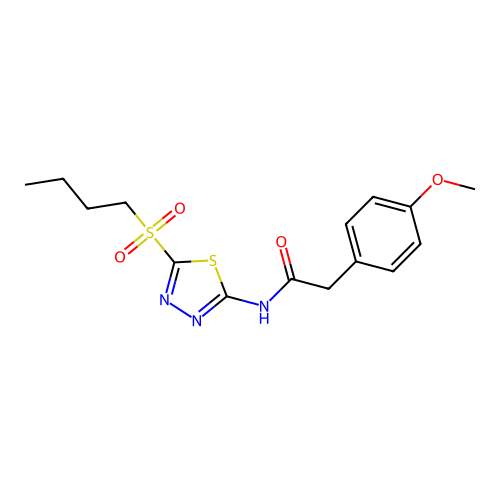 N-[(2E)-5-(butylsulfonyl)-1,3,4-thiadiazol-2(3H)-ylidene]-2-(4-methoxyphenyl)acetamide structure