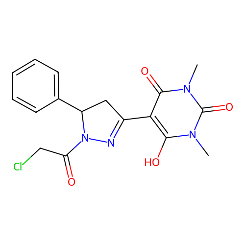 5-(1-(2-chloroacetyl)-5-phenylpyrazolidin-3-ylidene)-1,3-dimethylpyrimidine-2,4,6(1H,3H,5H)-trione structure