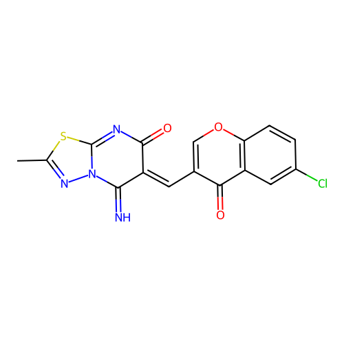 (6Z)-6-[(6-chloro-4-oxo-4H-chromen-3-yl)methylidene]-5-imino-2-methyl-5,6-dihydro-7H-[1,3,4]thiadiazolo[3,2-a]pyrimidin-7-one structure
