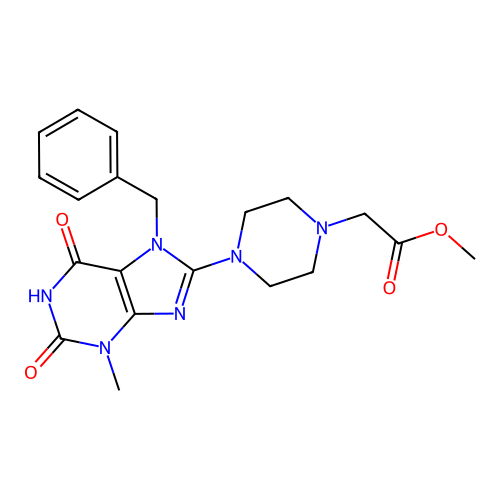 Methyl 2-[4-(7-benzyl-3-methyl-2,6-dioxopurin-8-yl)piperazin-1-yl]acetate structure