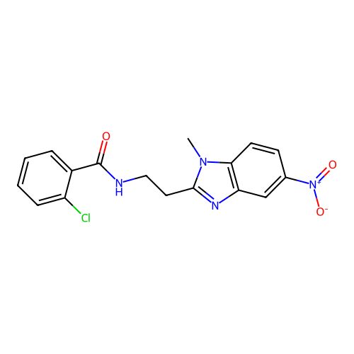 2-chloro-N-[2-(1-methyl-5-nitro-1H-benzimidazol-2-yl)ethyl]benzamide structure