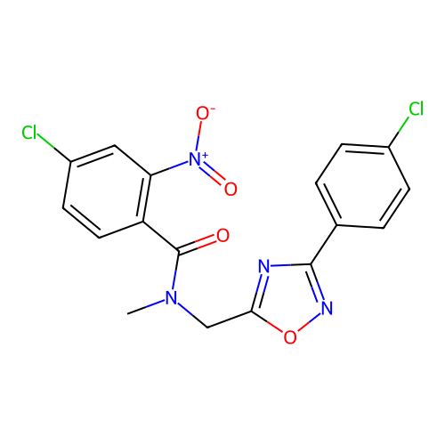 4-chloro-N-((3-(4-chlorophenyl)-1,2,4-oxadiazol-5-yl)methyl)-N-methyl-2-nitrobenzamide structure
