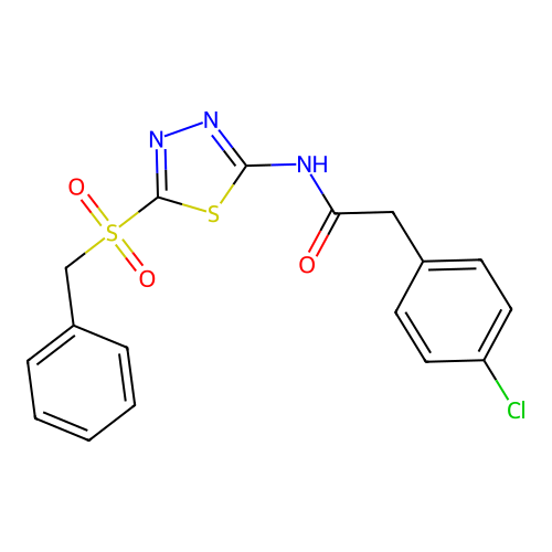 N-[(2Z)-5-(benzylsulfonyl)-1,3,4-thiadiazol-2(3H)-ylidene]-2-(4-chlorophenyl)acetamide structure