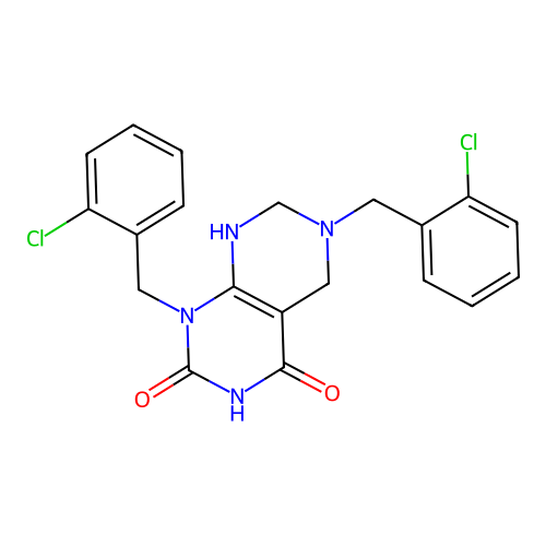 1,6-bis(2-chlorobenzyl)-5,6,7,8-tetrahydropyrimido[4,5-d]pyrimidine-2,4(1H,3H)-dione structure