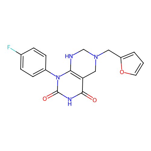 1-(4-fluorophenyl)-6-(furan-2-ylmethyl)-5,6,7,8-tetrahydropyrimido[4,5-d]pyrimidine-2,4(1H,3H)-dione structure