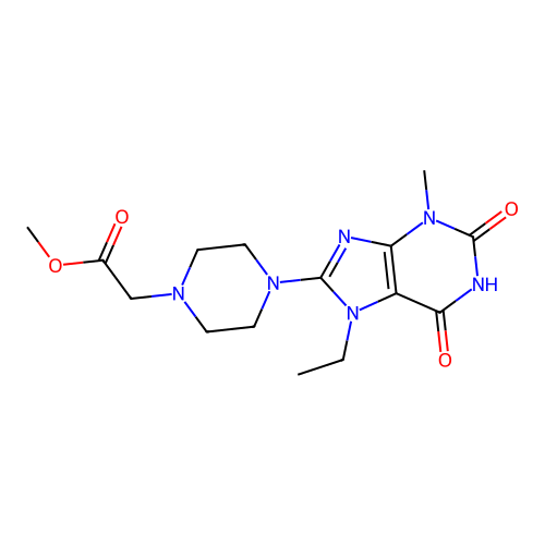 Methyl 2-[4-(7-ethyl-3-methyl-2,6-dioxopurin-8-yl)piperazin-1-yl]acetate structure