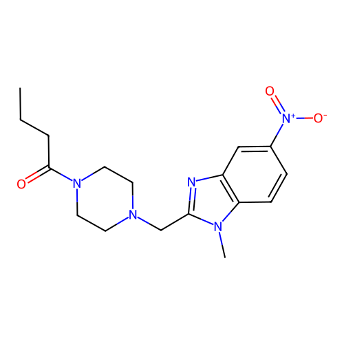 1-{4-[(1-methyl-5-nitro-1H-benzimidazol-2-yl)methyl]piperazin-1-yl}butan-1-one structure