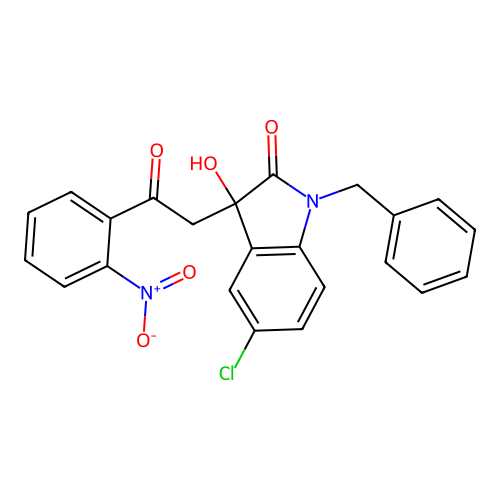 1-benzyl-5-chloro-3-hydroxy-3-[2-(2-nitrophenyl)-2-oxo-ethyl]indol-2-one structure