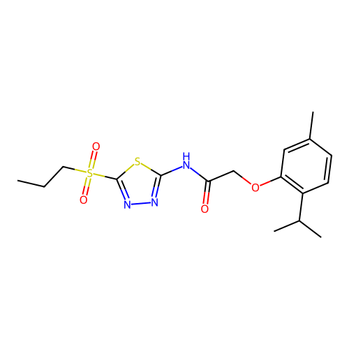 2-(2-isopropyl-5-methylphenoxy)-N-[5-(propylsulfonyl)-1,3,4-thiadiazol-2-yl]acetamide structure