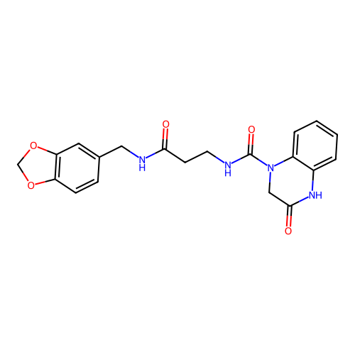 N-(3-((benzo[d][1,3]dioxol-5-ylmethyl)amino)-3-oxopropyl)-3-oxo-3,4-dihydroquinoxaline-1(2H)-carboxamide structure