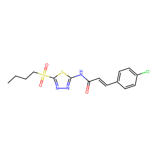 (2E)-N-[(2E)-5-(butylsulfonyl)-1,3,4-thiadiazol-2(3H)-ylidene]-3-(4-chlorophenyl)prop-2-enamide structure