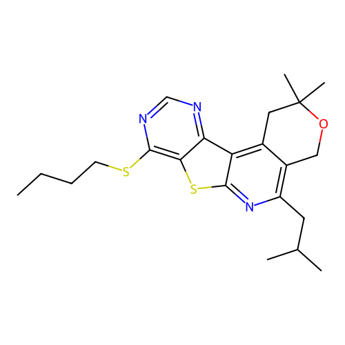 8-(butylsulfanyl)-2,2-dimethyl-5-(2-methylpropyl)-1,4-dihydro-2H-pyrano[4'',3'':4',5']pyrido[3',2':4,5]thieno[3,2-d]pyrimidine structure