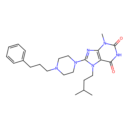 3-Methyl-7-(3-methylbutyl)-8-[4-(3-phenylpropyl)piperazin-1-yl]purine-2,6-dione structure