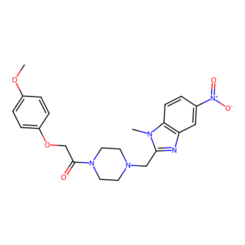 2-(4-methoxyphenoxy)-1-{4-[(1-methyl-5-nitro-1H-benzimidazol-2-yl)methyl]piperazin-1-yl}ethanone structure