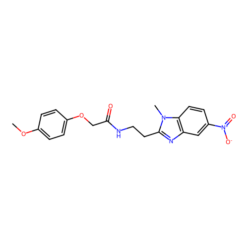 2-(4-methoxyphenoxy)-N-[2-(1-methyl-5-nitro-1H-benzimidazol-2-yl)ethyl]acetamide structure