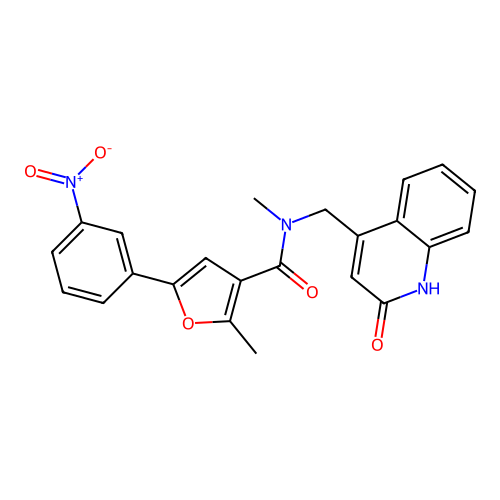 N,2-dimethyl-5-(3-nitrophenyl)-N-[(2-oxo-1H-quinolin-4-yl)methyl]furan-3-carboxamide structure