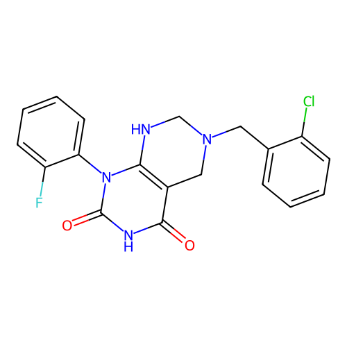 6-(2-chlorobenzyl)-1-(2-fluorophenyl)-5,6,7,8-tetrahydropyrimido[4,5-d]pyrimidine-2,4(1H,3H)-dione structure