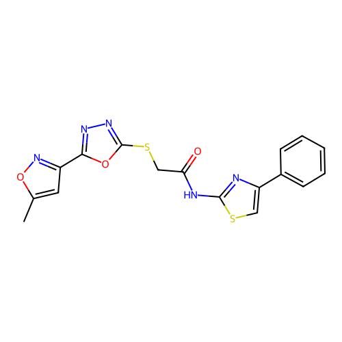 2-((5-(5-methylisoxazol-3-yl)-1,3,4-oxadiazol-2-yl)thio)-N-(4-phenylthiazol-2-yl)acetamide structure